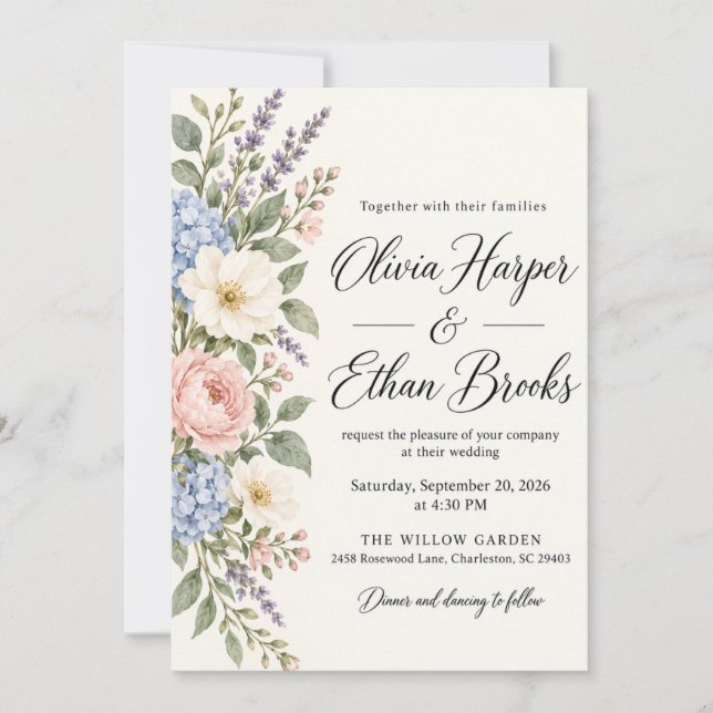 Convite de Casamento Floral Azul Hydrangea Blush (Frente)