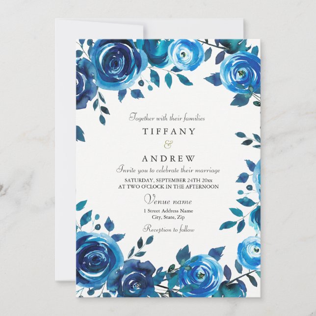 Convite de casamento Floral Azul Indigo Midnight (Frente)