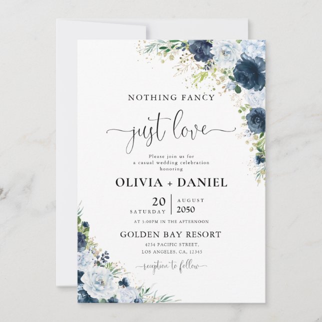 Convite de Casamento Floral Azul Marinho (Frente)