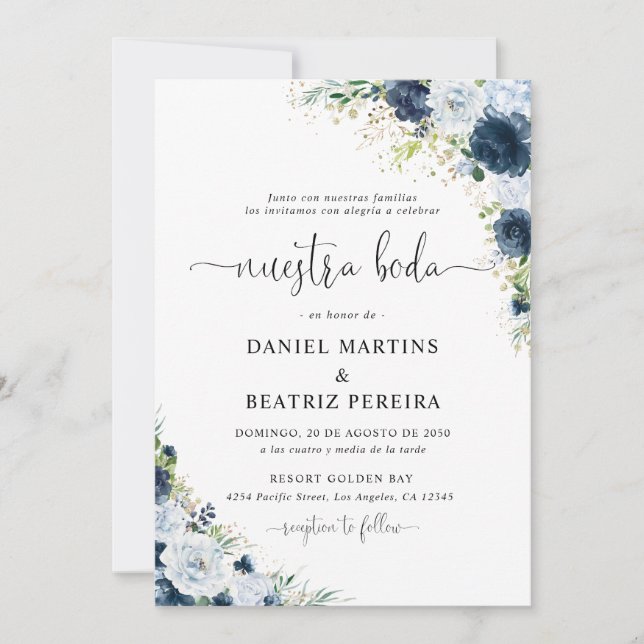 Convite de Casamento Floral Azul Marinho (Frente)