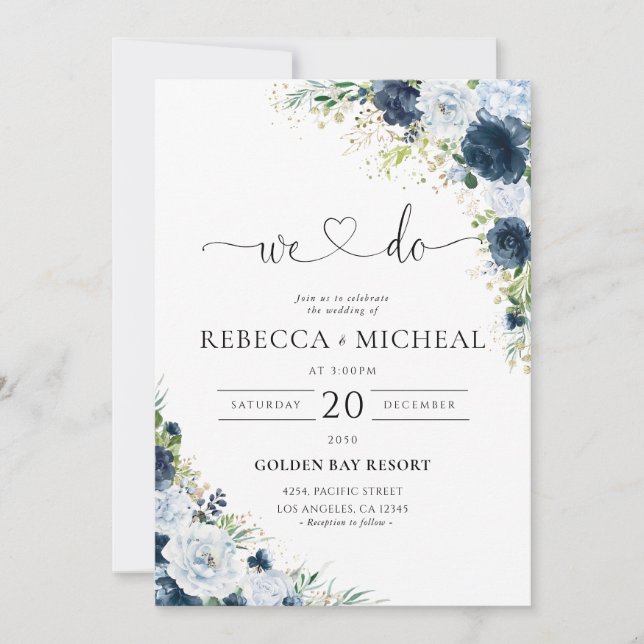 Convite de Casamento Floral Azul Marinho (Frente)