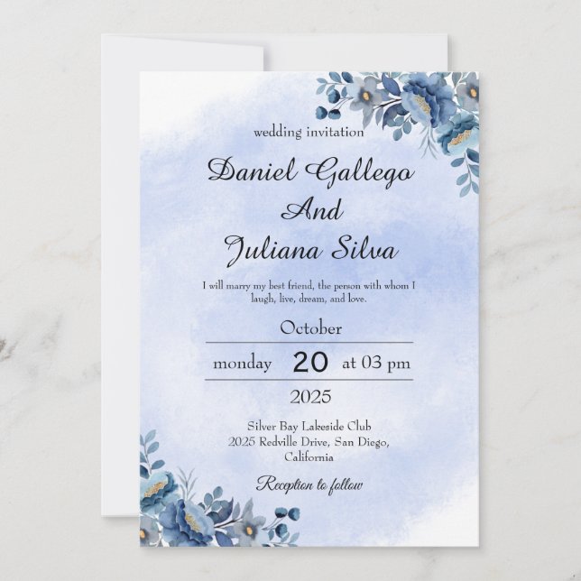 Convite de Casamento Floral Azul Marinho (Frente)