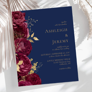 Convite de Casamento Floral Azul Marinho Borgonha