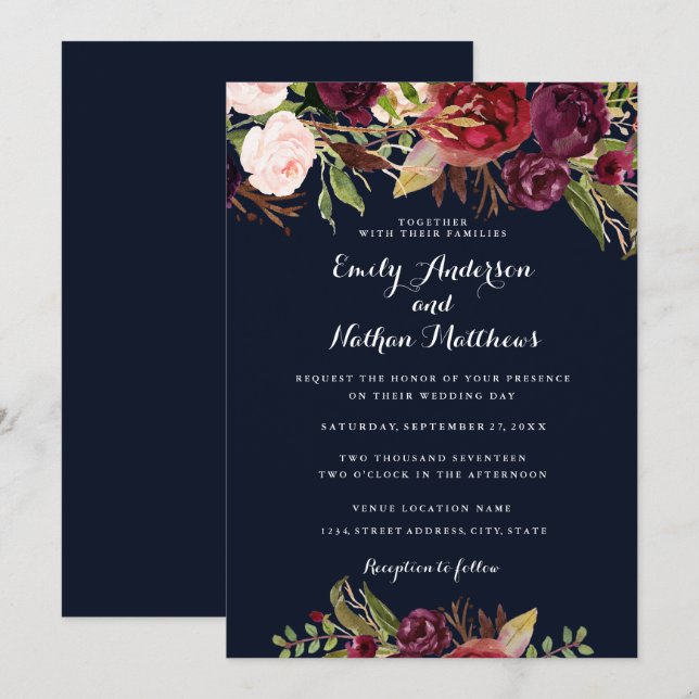 Convite de Casamento Floral Azul Marinho Borgonha (Frente/Verso)