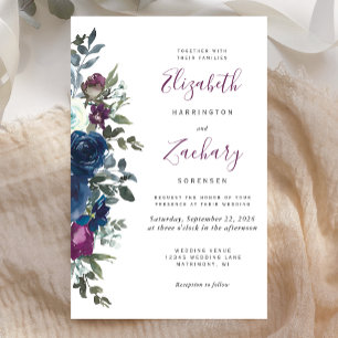 Convite de Casamento Floral Azul Marinho com Tonal