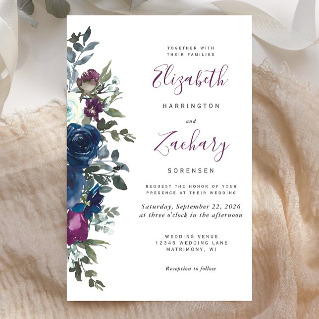 Convite de Casamento Floral Azul Marinho com Tonal (Criador carregado)