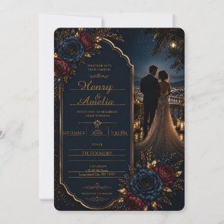 Convite de Casamento Floral Azul Marinho de Luxo