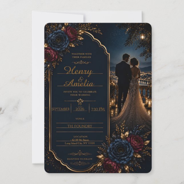 Convite de Casamento Floral Azul Marinho de Luxo (Frente)