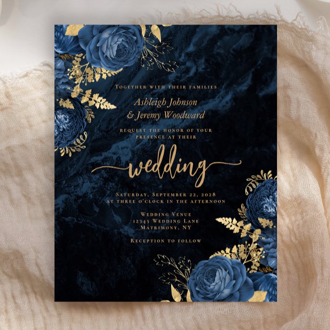 Convite de Casamento Floral Azul Marinho Dourado E (Criador carregado)