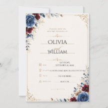 Convite de Casamento Floral Azul Marinho e Dourado