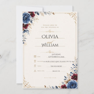 Convite de Casamento Floral Azul Marinho e Dourado