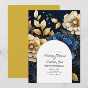 Convite de Casamento Floral Azul Marinho e Dourado
