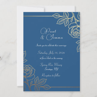 Convite de Casamento Floral Azul Marinho e Dourado