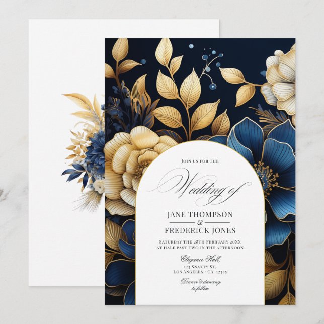 Convite de Casamento Floral Azul Marinho e Dourado (Frente/Verso)