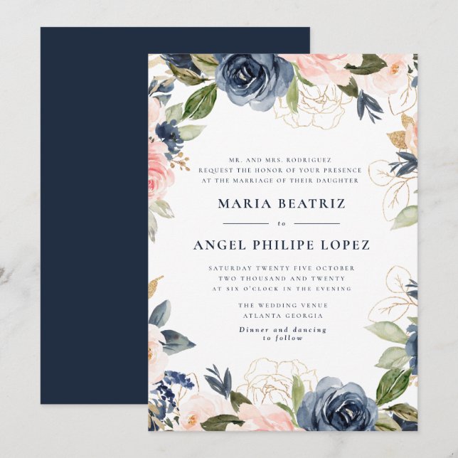 Convite de casamento floral azul marinho e rosa ve (Frente/Verso)