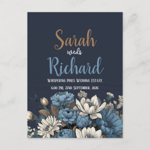 Convite de Casamento Floral Azul Marinho Elegante