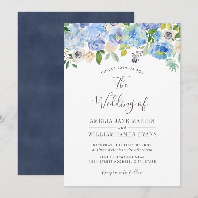 Convite de Casamento Floral Azul Marinho Elegante (Frente/Verso)