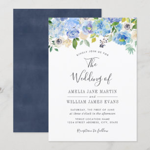 Convite de Casamento Floral Azul Marinho Elegante