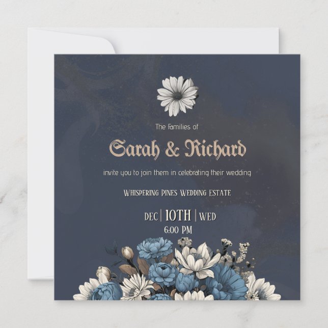 Convite de Casamento Floral Azul Marinho Elegante (Frente)