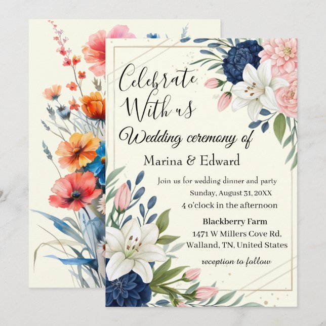 Convite de Casamento Floral Azul Marinho Elegante  (Frente/Verso)