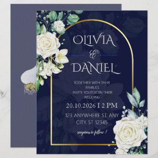 Convite de Casamento Floral Azul Marinho Elegante