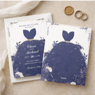 Convite de Casamento Floral Azul Marinho Elegante