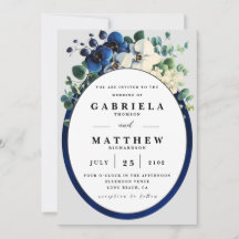 Convite de Casamento Floral Azul Marinho Elegante
