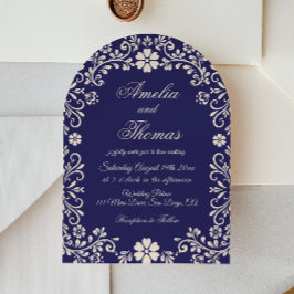 Convite de Casamento Floral Azul Marinho Mexicano