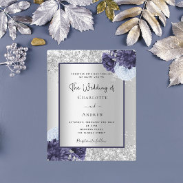 Convite de casamento floral azul marinho prata