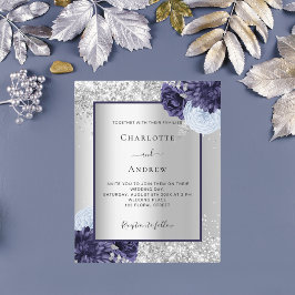 Convite de casamento floral azul marinho prata