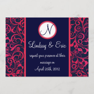 Convite de casamento floral azul marinho rosa mono