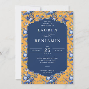 Convite de Casamento Floral Azul Marinho Sofistica
