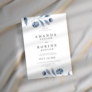 Convite de Casamento Floral Azul Minimalista