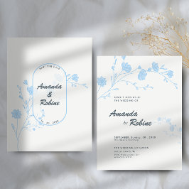 Convite de Casamento Floral Azul Minimalista