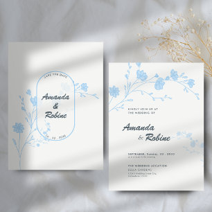 Convite de Casamento Floral Azul Minimalista