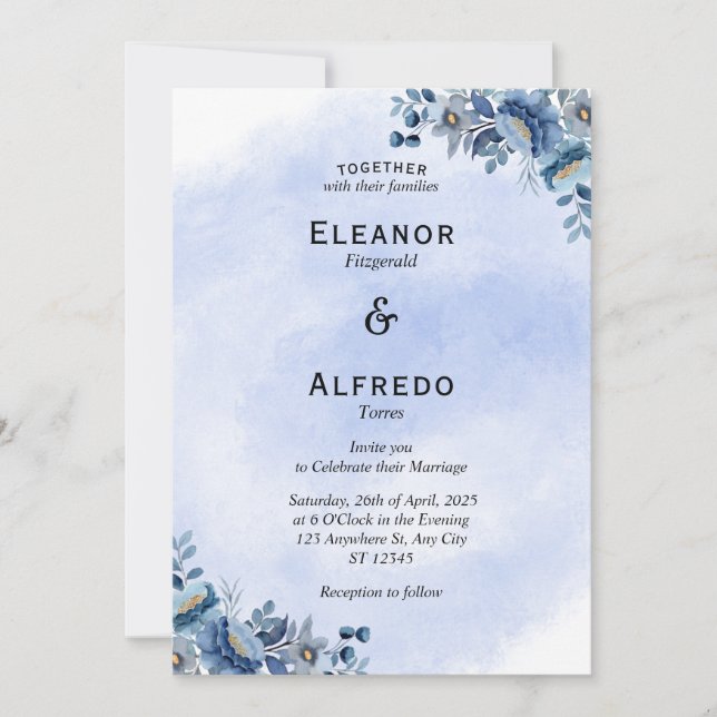 Convite de Casamento Floral Azul Moderno (Frente)
