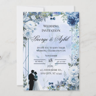 Convite de Casamento Floral Azul Moderno