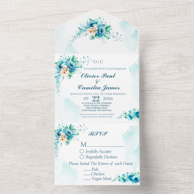 Convite de casamento Floral Azul Moderno e Placa R (Inside)