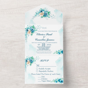 Convite de casamento Floral Azul Moderno e Placa R