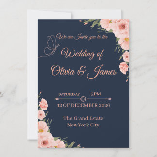 Convite de Casamento Floral Azul Naval e Blush Ele