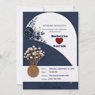 Convite de Casamento Floral Azul Naval e Dourado E