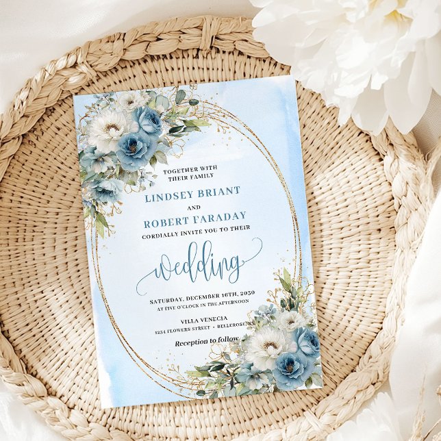 Convite de Casamento Floral Azul Pastel Boêmio Dou (Bohemian Pastel Blue Floral Gold Wedding Invitation)