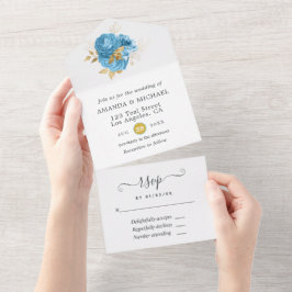 Convite de Casamento Floral Azul Pastel e Dourado