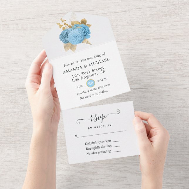 Convite de Casamento Floral Azul Pastel e Dourado  (Tearaway)
