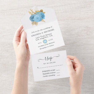 Convite de Casamento Floral Azul Pastel e Dourado 