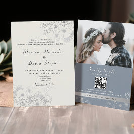 Convite de Casamento Floral Azul Poeira QR Tudo-em