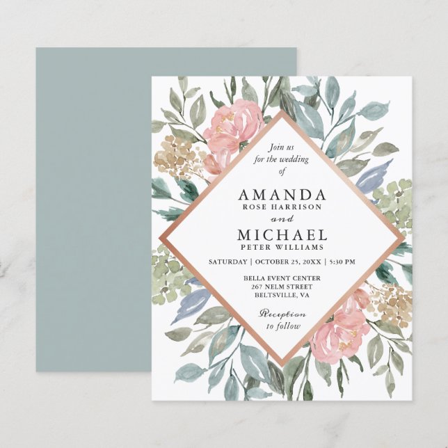 Convite de Casamento Floral Azul Poeira Rosa (Frente/Verso)
