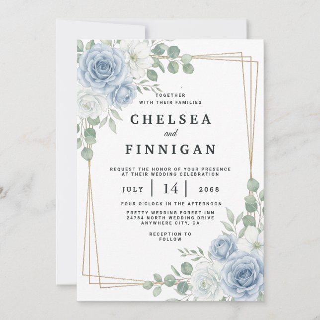 Convite de Casamento Floral Azul Poeirento com Mol (Frente)