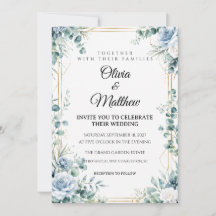 Convite de Casamento Floral Azul Poeirento Dourado
