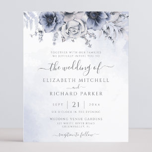 Convite de Casamento Floral Azul Poeirento Navy Or